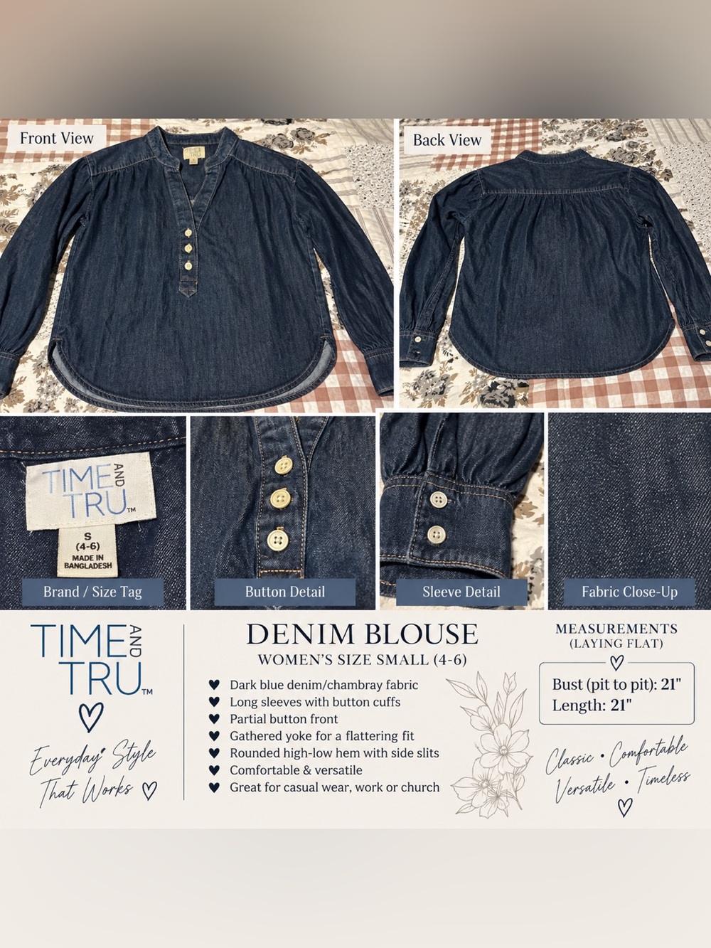 Time and Tru Denim Chambray Blouse Small 4-6 Dark Wash Long Sleeve
